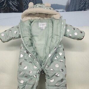 Liv & Lottie Baby Snowsuit – Mint Green with Silver Polka Dots (Size: 9 Months)